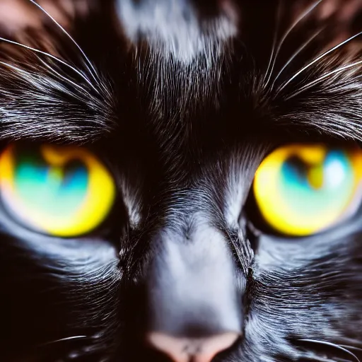 Image similar to intricate photo of a black cat, extreme close up on the cats face, cat facing right