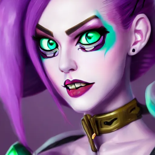 Image similar to portrait of Jinx from League of Legends, by Fortiche Studio, by Riot Games, from Netflix's Arcane, trending on artstation,fine details, realistic shaded, fine-face, painted texture, pretty face