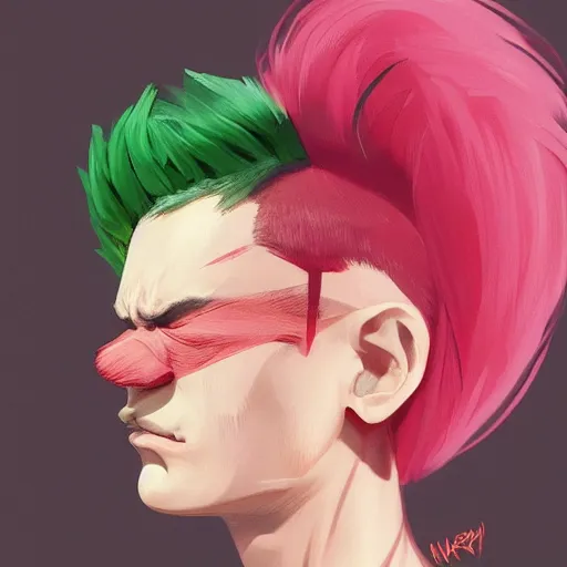 Prompt: a man with a round pink head a green mohawk green eyebrows and a long pointy red nose, realistic shaded perfect face, fine details. realistic shaded lighting poster by ilya kuvshinov katsuhiro, magali villeneuve, artgerm, jeremy lipkin and michael garmash, rob rey and kentaro miura style, trending on art station