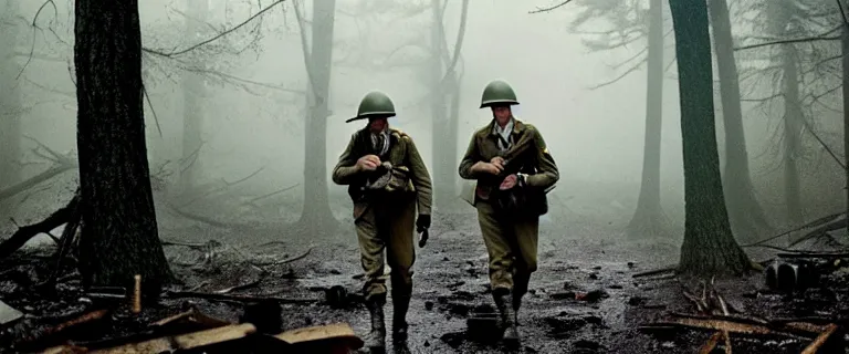 Prompt: cinema still of wwii american soldiers walking into a deserted camp full of decomposing bodies in the middle of an eerie dark forest, heavy rain, horror, highly detailed, creepy cinematic light, cooke lens 2 2 mm deep focus, horror, promotional photograph, smooth, sharp focus, golden ratio, dramatic illumination, ultra realistic, 4 k, shot by christopher nolan and steven spielberg