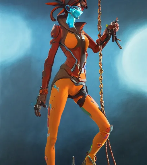 Image similar to full figure, painting of tracer from overwatch, in style of zdzisław beksinski, horror, 4 k, feminine facial features, full armor, full armor, detailed face, tall, dark ropes and chains in background