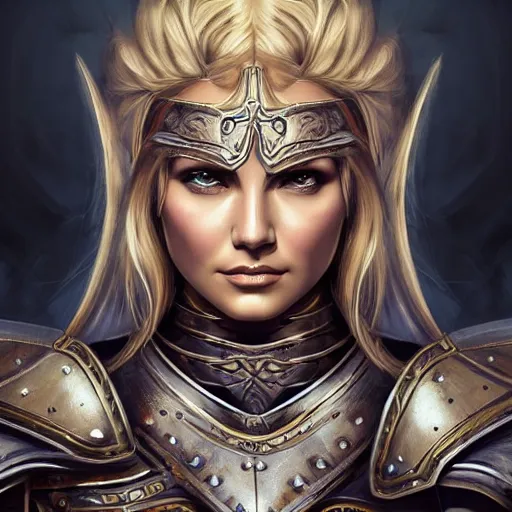 Prompt: head-on centered symmetrical painted portrait, Elisha Cuthbert as a paladin, blonde hair, ancient guardian plate armour, dramatic lighting, intricate, fantasy, intricate, elegant, highly detailed, digital painting, smooth, sharp focus, illustration, dramatic lighting, artstation, in the style of Artgerm and Anna Podedworna
