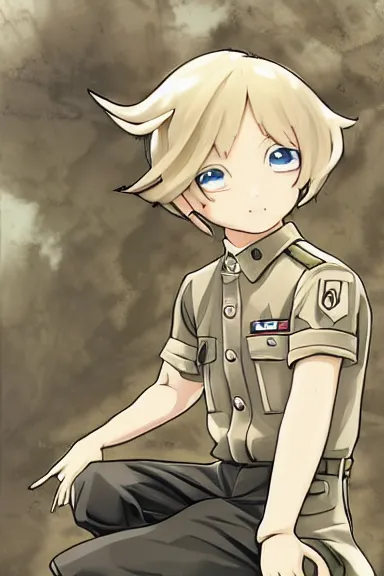 Image similar to beautiful little blonde boy in nazi male uniform posing. made in abyss art style, sharps focus, cute detailed artwork, anatomically correct, soft details, ilya kuvshinov, reflection, perfect composition, wallpaper mobile, illumination, digital art, detailed anime soft face, symmetrical face, western comic, illustration, realistic, nazism, lois van baarle