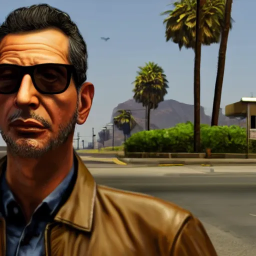 Image similar to Jeff Goldblum in GTA v. Los Santos in the background, palm trees. In the art style of Stephen Bliss