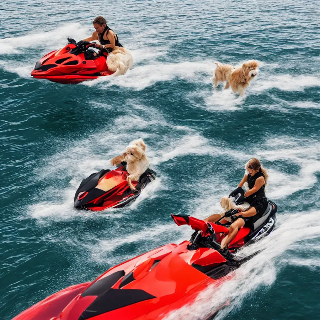 Prompt: maltese dog on a jetski with flames