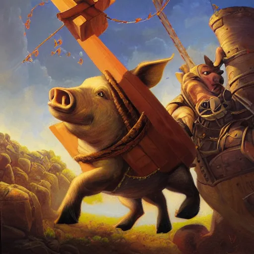 Image similar to trebuchet launching a pig, oil painting by justin gerard, deviantart