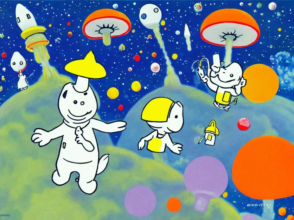 Image similar to moomins in space suits flying around with jetpacks discovering the mushroom planet, photorealistic painting