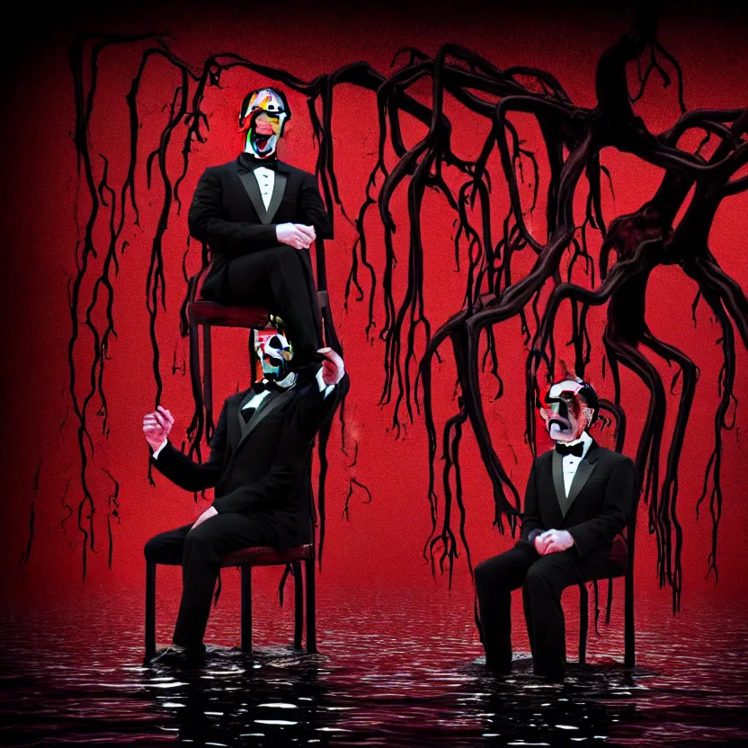 Prompt: a portrait of ( a man in a tuxedo with five heads, twelve arms, and sixteen legs ), sitting on ( chair made of human limbs ), ( the chair is floating in a lake of blood ), ( in the lake is a giant melting tree ), digital art, hyperrealistic nightmare scene, supernatural, highly detailed, creepy, terrifying