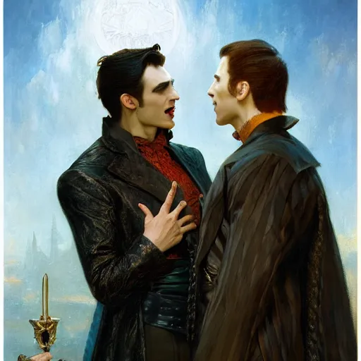 Image similar to attractive male, arthur pendragon confesses his love to attractive male dracula the vampire. highly detailed painting by gaston bussiere, craig mullins, j. c. leyendecker 8 k