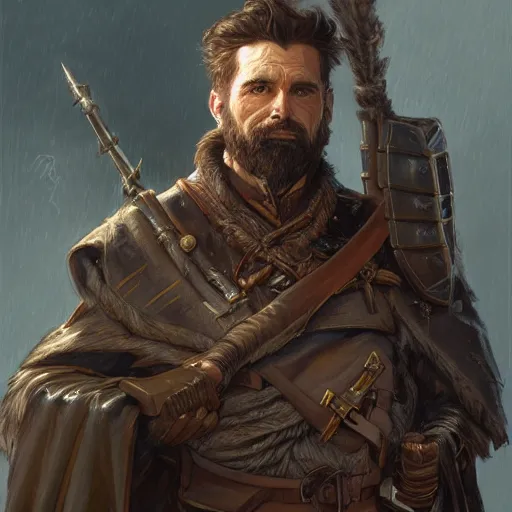 Image similar to portrait of a ruggedly handsome wizard soldier with short brown hair and beard wearing a leather armor and a cape, fantasy, highly detailed, digital painting, artstation, concept art, character art, art by greg rutkowski and tyler jacobson and alphonse mucha