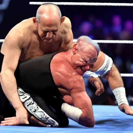 Prompt: benjamin netanyahu in a wwe arena wrestling the undertaker, highly detailed, sharp focus