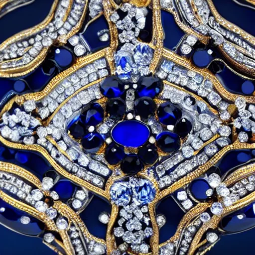 Image similar to white box commercial photography of a brooch jewel, forme de losange, more angular shape deep dark blue sapphire, gold ornaments and curves, 8 k, hires close up, high aperture, white background, pinterest, artstation