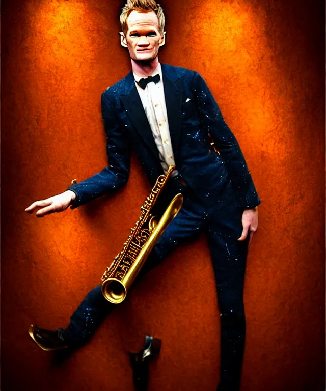 Image similar to hyperrealistic mixed media painting of Neil Patrick Harris as a jazz musician, dimly lit 1920s speakeasy, stunning 3d render inspired art by P. Craig Russell and Barry Windsor-Smith + perfect facial symmetry + dim volumetric lighting, 8k octane beautifully detailed render, post-processing, extremely hyperdetailed, intricate, epic composition, grim yet sparkling atmosphere, cinematic lighting + masterpiece, trending on artstation, very very detailed, masterpiece, stunning