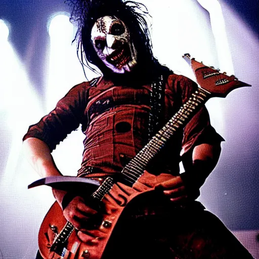 Image similar to Psychotic clown playing 7-string-guitar, concert, concert lighting, Slipknot, 2002, MTV, VHS quality