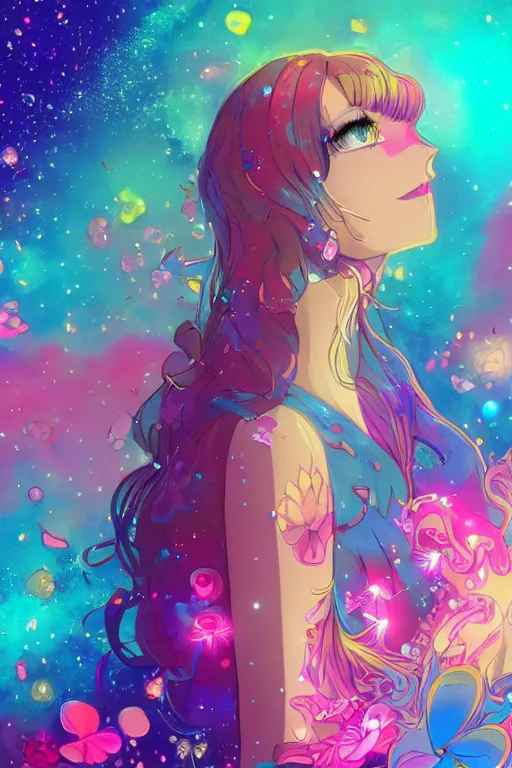 Prompt: psychedelic, whimsical, anime, 4k, beautiful intimate woman smoking with professional makeup, long trippy hair, a crystal and flower dress, sitting in a reflective pool, surrounded by gems, underneath the stars, rainbow fireflies, trending on patreon, deviantart, twitter, artstation, volumetric lighting, heavy contrast, art style of Ross Tran and Ilya Kuvshinov