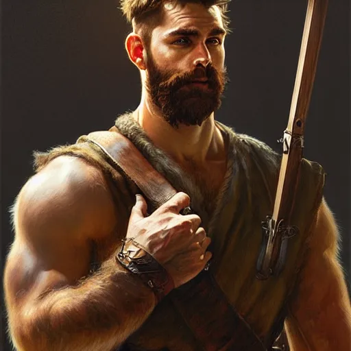 Image similar to portrait of a young rugged ranger, muscular, upper body, hairy thighs, D&D, fantasy, intricate, cinematic lighting, highly detailed, digital painting, artstation, concept art, smooth, sharp focus, illustration, art by Artgerm and Greg Rutkowski and Alphonse Mucha