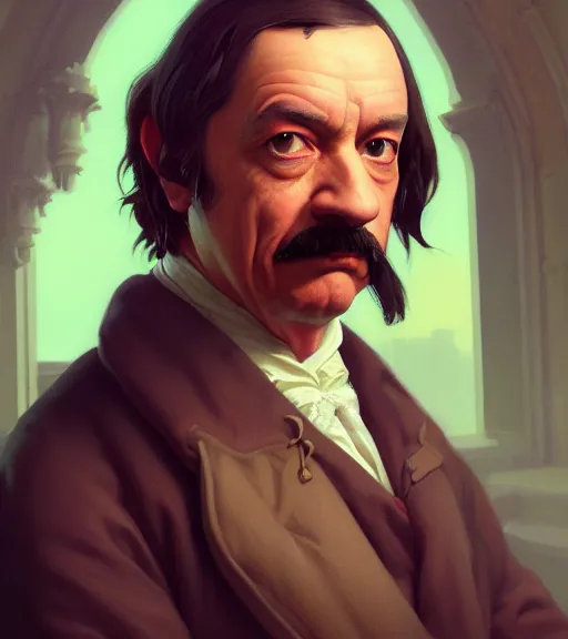 Image similar to Highly detailed portrait of Descartes in GTA V, Stephen Bliss, unreal engine, fantasy art by Greg Rutkowski, Loish, Rhads, ferdinand knab, Makoto Shinkai and Lois van baarle, ilya kuvshinov, rossdraws, Tom Bagshaw, global illumination, radiant light, detailed and intricate environment