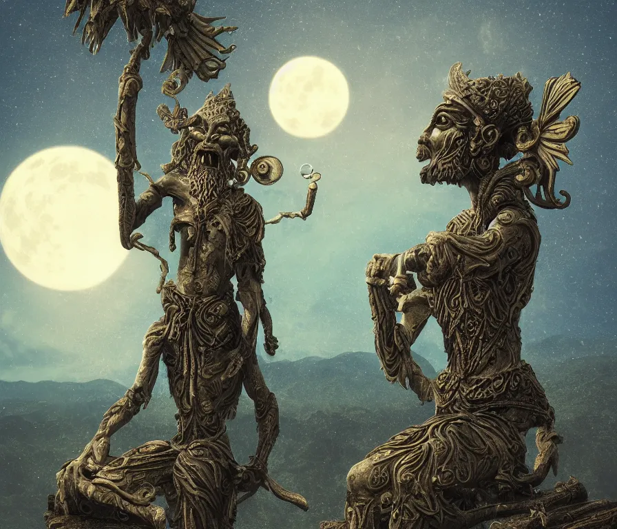 Image similar to a detailed digital art of a stoned ancient celtic god alien on a balcony, outside alone smoking weed, a tropical mountain on a full moon night with dark clouds in the skies, artstation, ornate, award - winning art, 8 k, vivid color scheme, tilt shift focus, wide angle shot,