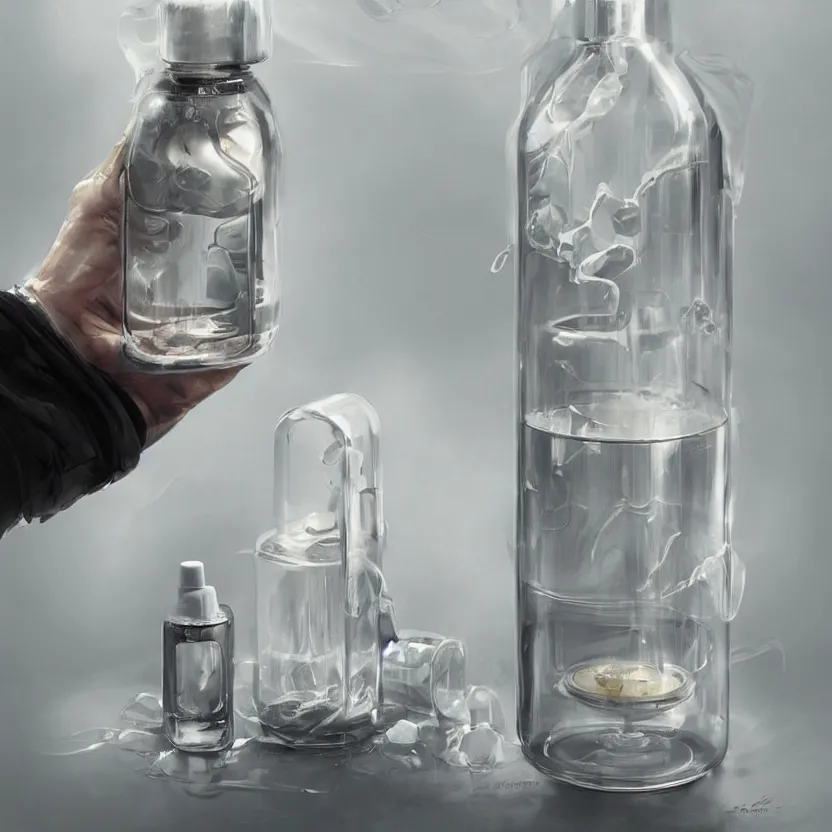 Image similar to concept art of a porsche white liquid dietary supplement in a transparent bottle with big black sticker on it, by aenaluck, artgerm and roberto ferri and greg rutkowski, light blue and white tones, digital painting, artstation, concept art, smooth, sharp foccus ilustration hq