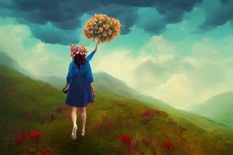 Image similar to giant dahlia flower crown under head, girl walking on mountain, surreal photography, blue storm clouds, dramatic light, impressionist painting, digital painting, artstation, simon stalenhag