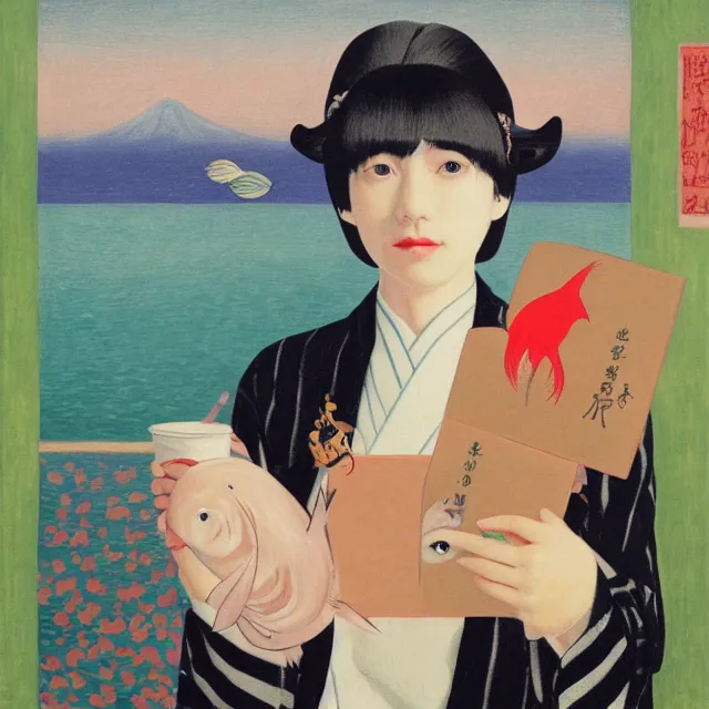 Image similar to tall emo female artist holding small portraits and fish on a train, wearing a kimono, on yamanote line in japan, tokyo station, summer, sweat, ice coffee, pigs, octopus, acrylic on canvas, surrealist, by magritte and monet