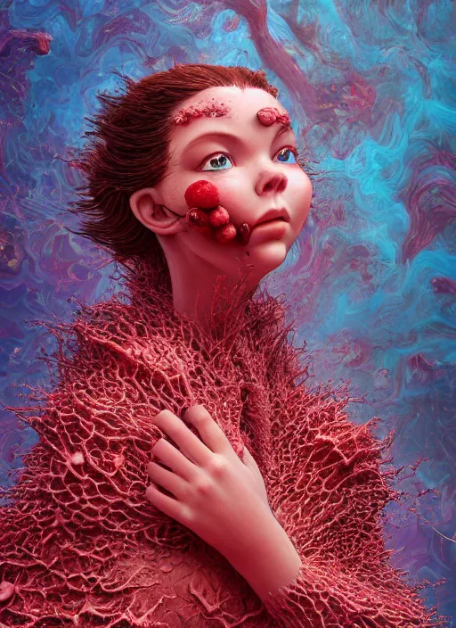 Image similar to hyper detailed 3d render like a Oil painting - very coherent Concrete displacement mapped profile subsurface scattering (a beautiful fae princess protective playful expressive from dark crystal that looks like Anya Taylor-Joy) seen red carpet photoshoot in UVIVF posing in scaly dress to Eat of the Strangling network of yellowcake aerochrome and milky Fruit and His delicate Hands hold of gossamer polyp blossoms bring iridescent fungal flowers whose spores black the foolish stars by Jacek Yerka, Ilya Kuvshinov, Mariusz Lewandowski, Houdini algorithmic generative render, golen ratio, Abstract brush strokes, Masterpiece, Victor Nizovtsev and James Gilleard, Zdzislaw Beksinski, Tom Whalen, Mark Ryden, Wolfgang Lettl, hints of Yayoi Kasuma and Dr. Seuss, Grant Wood, octane render, 8k