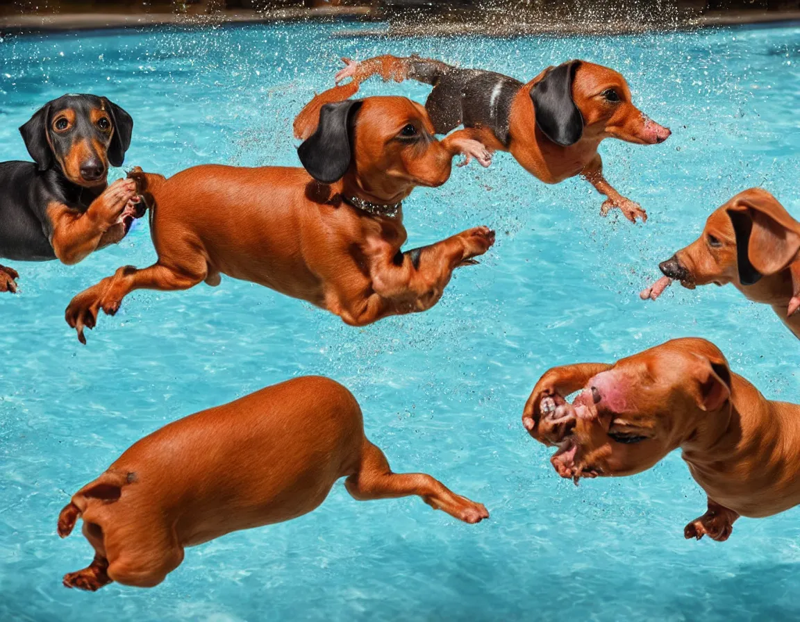 Prompt: dachshund and a pig playing in a pool, photography, hyper-realistic, 4k