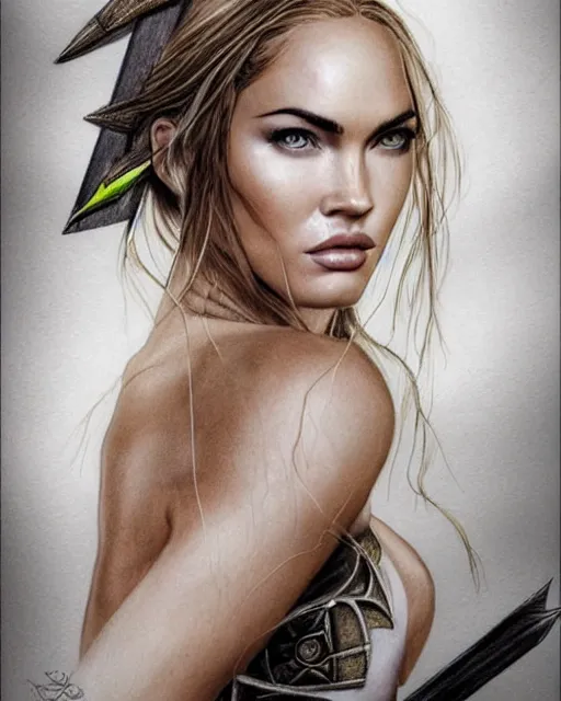 Image similar to portrait of beautiful megan fox as greek goddess aphrodite, archer, arrow on the head, beautiful piercing eyes, flowing blonde hair, realistic face, black and white drawing, in the style of greg rutkowski, fantasy, amazing detail, epic, intricate, elegant, smooth, sharp focus