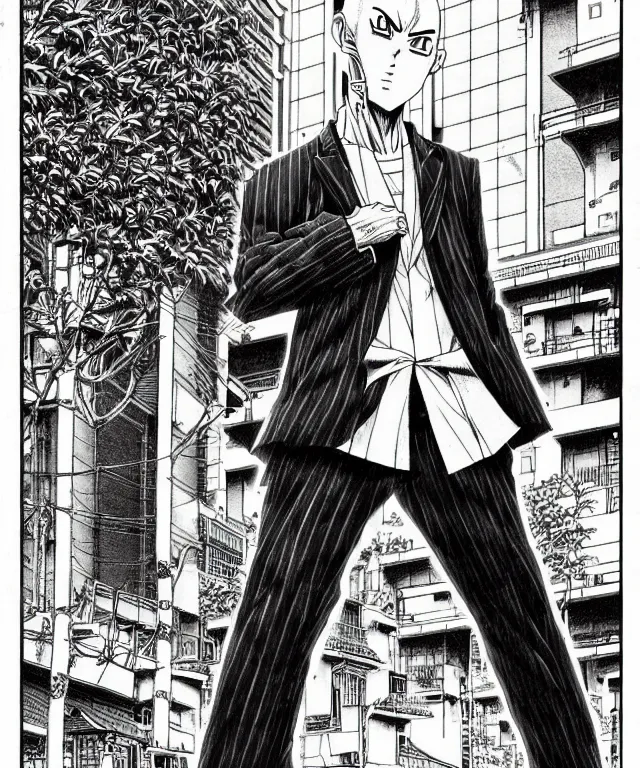 Image similar to A manga cover about a shaved-headed scarred solo yakuza standing on the sidewalk. Sharp high quality manga cover, fine details, straight lines, architecture in the background, masterpiece, art, highly detailed drawing by Hirohiko Araki, Akatsuki Akira, Kentaro Miura