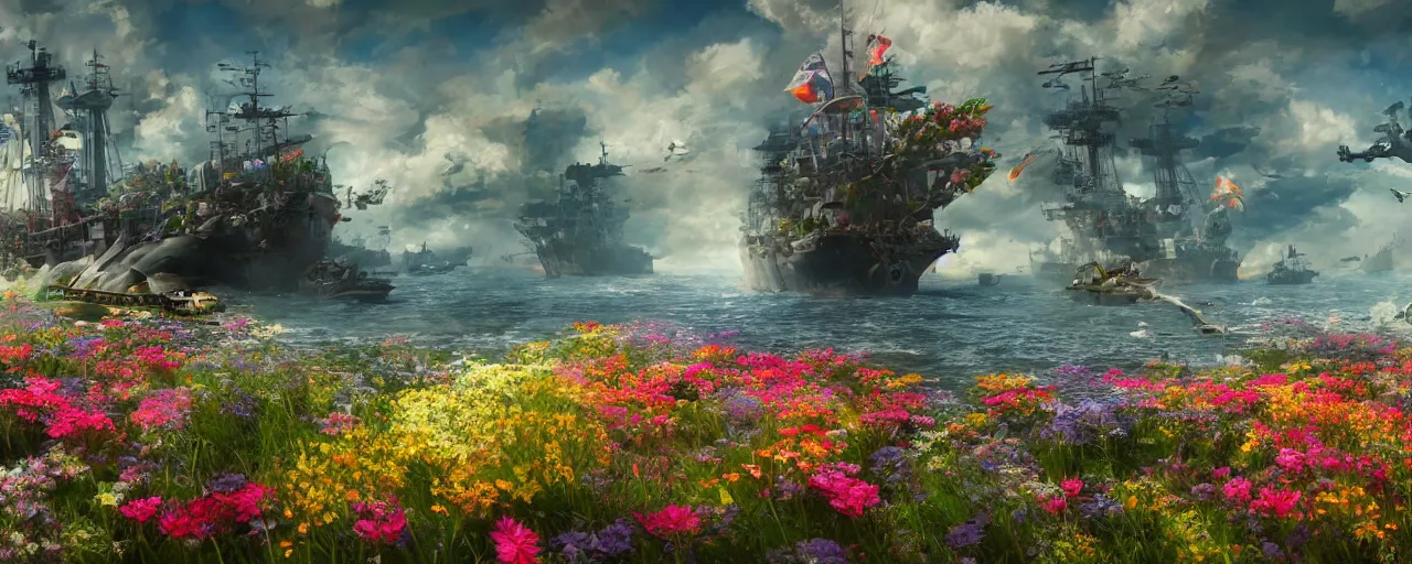 Image similar to a fantasy battle ship fly upon a sea of flowers, wide apertture, colorful, trending on artstation, 8 k resolution, ultra detailed, hyperrealism, unreal engine render