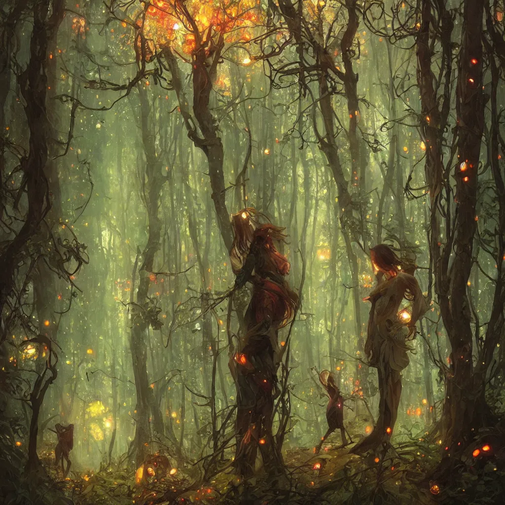 Prompt: forest, overdetailed art, by greg rutkowski, by alfons mucha, complementing colors, magic, colorful lights, fireflies, detailed illustration, wizard