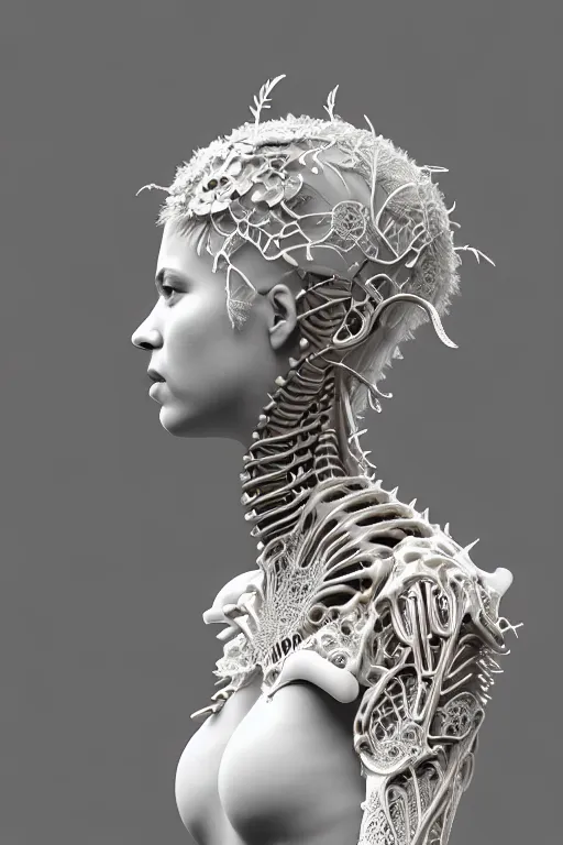 Prompt: bw 3 d render, stunning beautiful young cute biomechanical albino female cyborg with a porcelain profile face, angelic, rim light, big leaves and stems, roots, fine foliage lace, alexander mcqueen, art nouveau fashion embroidered, steampunk, silver filigree details, hexagonal mesh wire, mandelbrot fractal, elegant, artstation trending