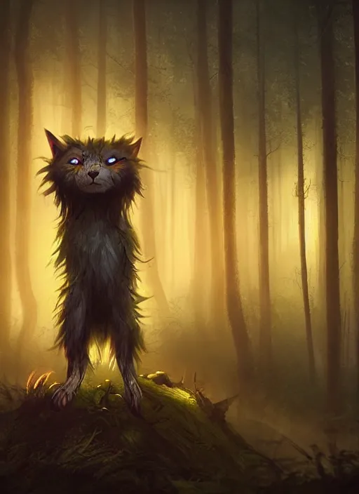 Image similar to a ominous furry creature with long twisted ears standing in a forest, yellow glowing eyes, dark fantasy, michael kutsche, concept art, beautiful lighting