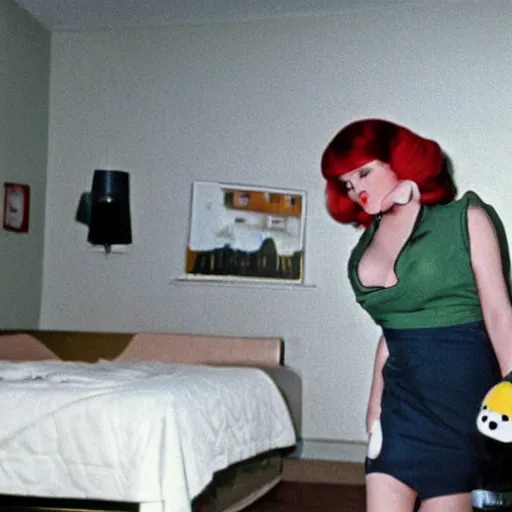 Prompt: bored housewife meets a sad inflatable toy in a seedy motel room, 1978 color Fellini film, ugly motel room with dirty walls and old furniture, archival footage, technicolor film, 16mm, live action, John Waters, campy and colorful