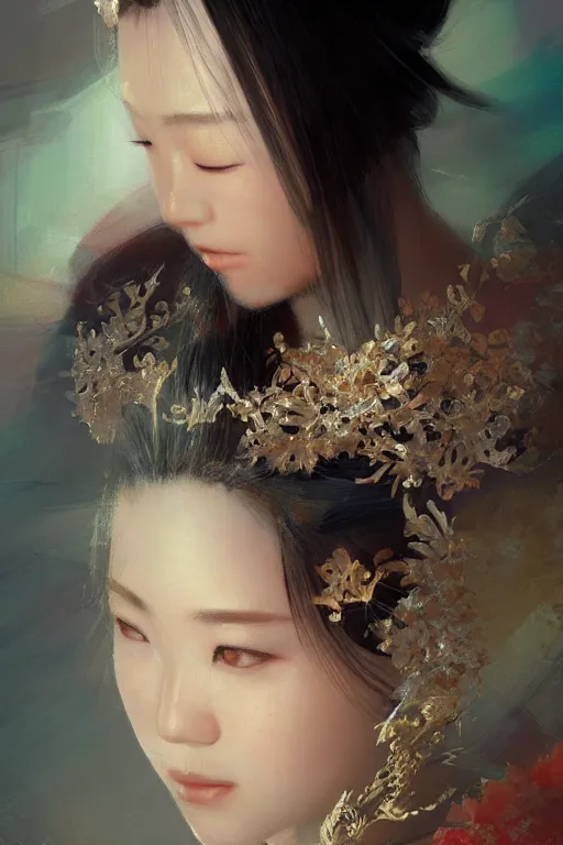 Image similar to Japanese princess, gorgeous, close-up portrait, intricate, elegant, volumetric lighting, scenery, digital painting, highly detailed, artstation, sharp focus, illustration, concept art, ruan jia, steve mccurry