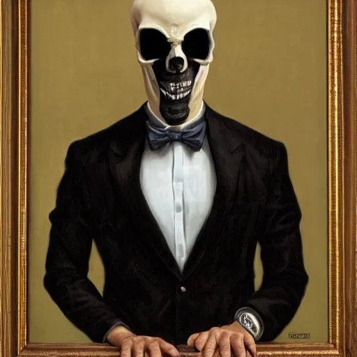 Prompt: portrait of a suited man with medical gloves and a skull mask, by Gerald Brom