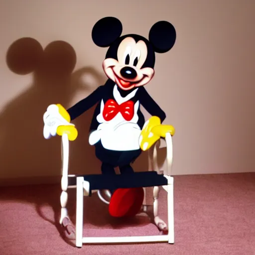 Image similar to Mickey Mouse sitting in a chair waving.