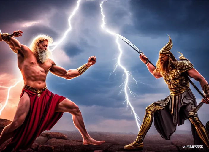 Image similar to photo of zeus throwing lightning spear at chronos. mythology style. highly detailed 8 k. intricate. lifelike. soft light. sony a 7 r iv 5 5 mm. [ cinematic post - processing ].