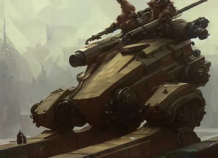 Prompt: a giant tank in the format of a bear with a giant cannon in his back, exoskeleton, technology, elegant, highly detailed, digital painting, artstation, concept art, smooth, sharp focus, illustration, art by krenz cushart and artem, demura and alphonse mucha