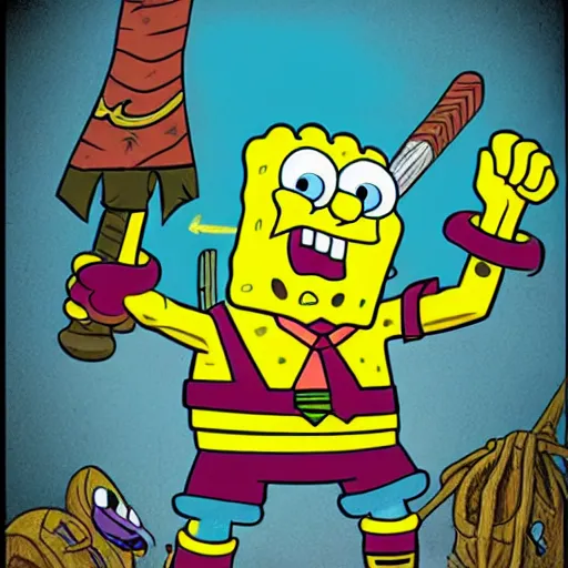 Prompt: precisely drawn illustration of spongebob as a barbarian, wide angle, sharp, fine details, french comic style, vibrant realistic colors, full color, heroic fantasy, intense line art, 8 k, precise linework, realistic, in the style of heavy metal comics and richard corben and moebius