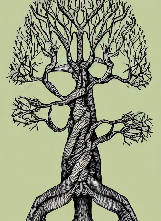 Image similar to an illustration of a tree with arms and legs, simple and complex, intricate details, award - winning, by marco bucci