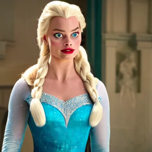 Image similar to Margot Robbie as Elsa in disney frozen live action, 8k full HD photo, cinematic lighting, anatomically correct, oscar award winning, action filled, correct eye placement,