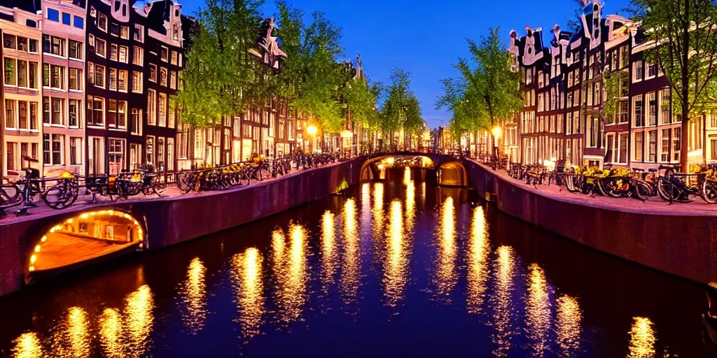 Prompt: amsterdam canals by candlelight at night