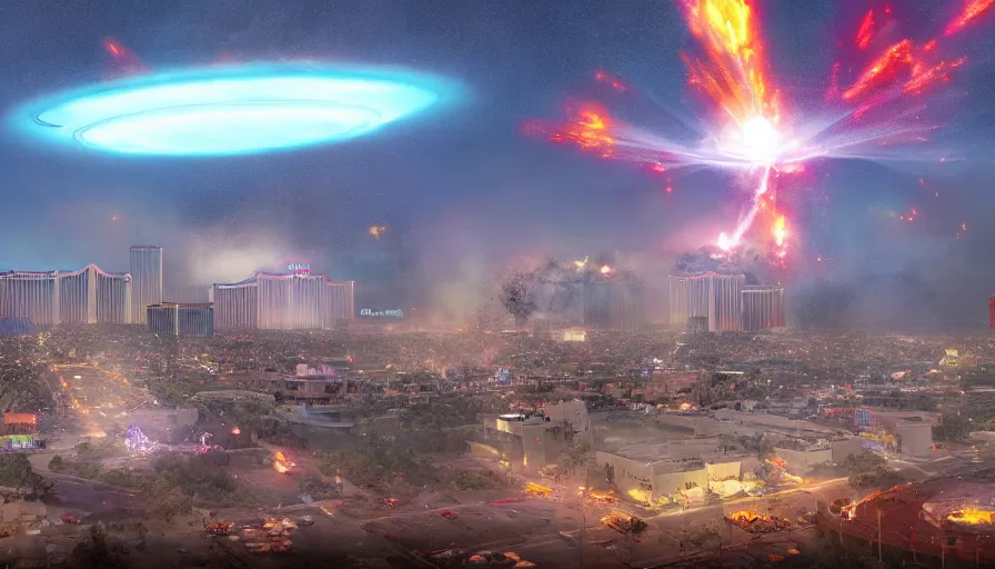 Image similar to humongous ufo upon las vegas destroying the city with alien laser, destruction, explosion, fire, smoke columns, ashes, hyperdetailed, artstation, cgsociety, 8 k