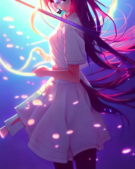 Image similar to anime style, vivid, expressive, full body, 4 k, painting, a cute magical girl with a long wavy black hair, stunning, realistic light and shadow effects, centered, simple background, studio ghibly makoto shinkai yuji yamaguchi