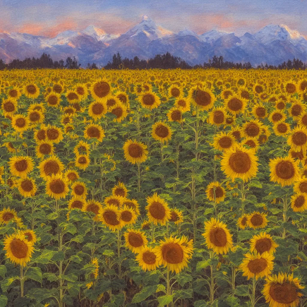 Prompt: impressionism painting of a field of sunflower on a foggy morning, red barn in distance, sun low on horizon through snow capped mountains, soft light