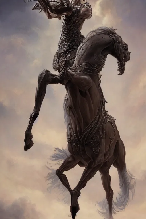 Image similar to 3 quarter view photography portrait of a prince stalion horse , organed, tatooed, intricate details, muscles, elegant, divine, illustrated by greg rutkowski and Akira Saito and Peter mohrbacher, 4k,