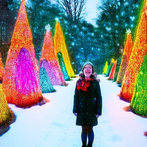 Prompt: a happy girl standing in front of a forest of hundreds of lit christmas trees, glints, multicolored lights on the trees, exotic glowing flowers on the ground, one house in the distance, snow on the ground, a snowy path towards the house, vibrant, by akihiko yoshida and edward hopper