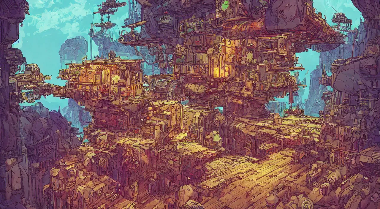 Image similar to open door wood wall fortress airship greeble block amazon jungle on portal unknow world ambiant fornite colorful that looks like it is from borderlands and by feng zhu and loish and laurie greasley, victo ngai, andreas rocha, john harris