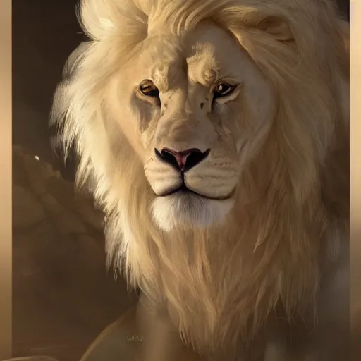 Image similar to commission portrait of a fit albino male lion,anthro,character design by charles bowater,greg rutkowski,ross tran,hyperdetailed,hyperrealistic,4k,deviantart,artstation,professional photography,concept art